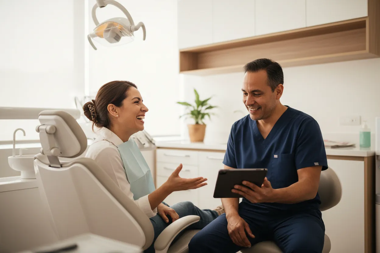 Una paciente sonríe en el sillón dental mientras su dentista le muestra su plan en una tableta.