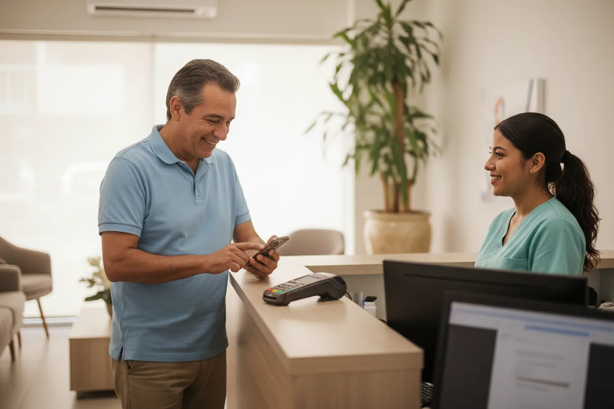 A patient checks his invoice on his phone at the clinic's front desk while the receptionist smiles.