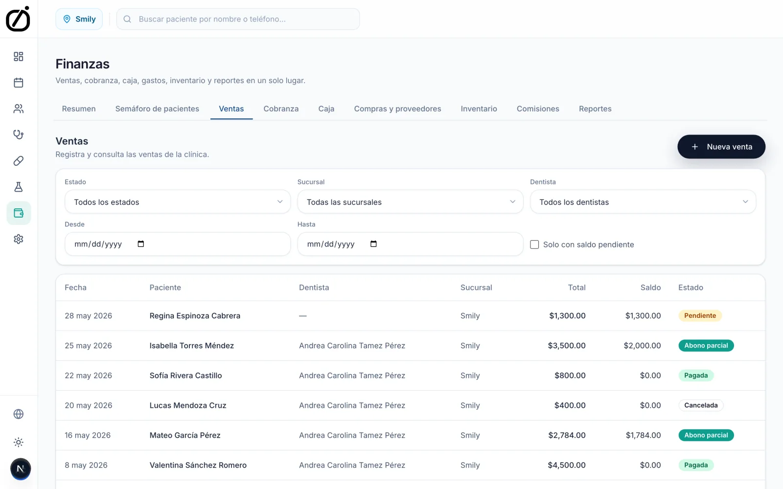 Odentik sales screen with patients, totals, balances and the status of each sale.